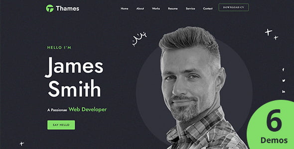 Thames developer portfolio WordPress theme single-page layout with project showcase and blog sections