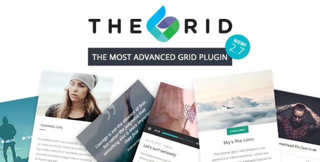 The Grid WordPress plugin admin interface showing responsive grid layout with touch slider filtering