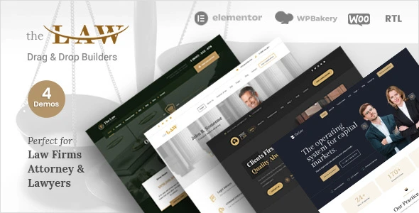 The Law lawyer WordPress theme homepage design with Elementor and RTL support