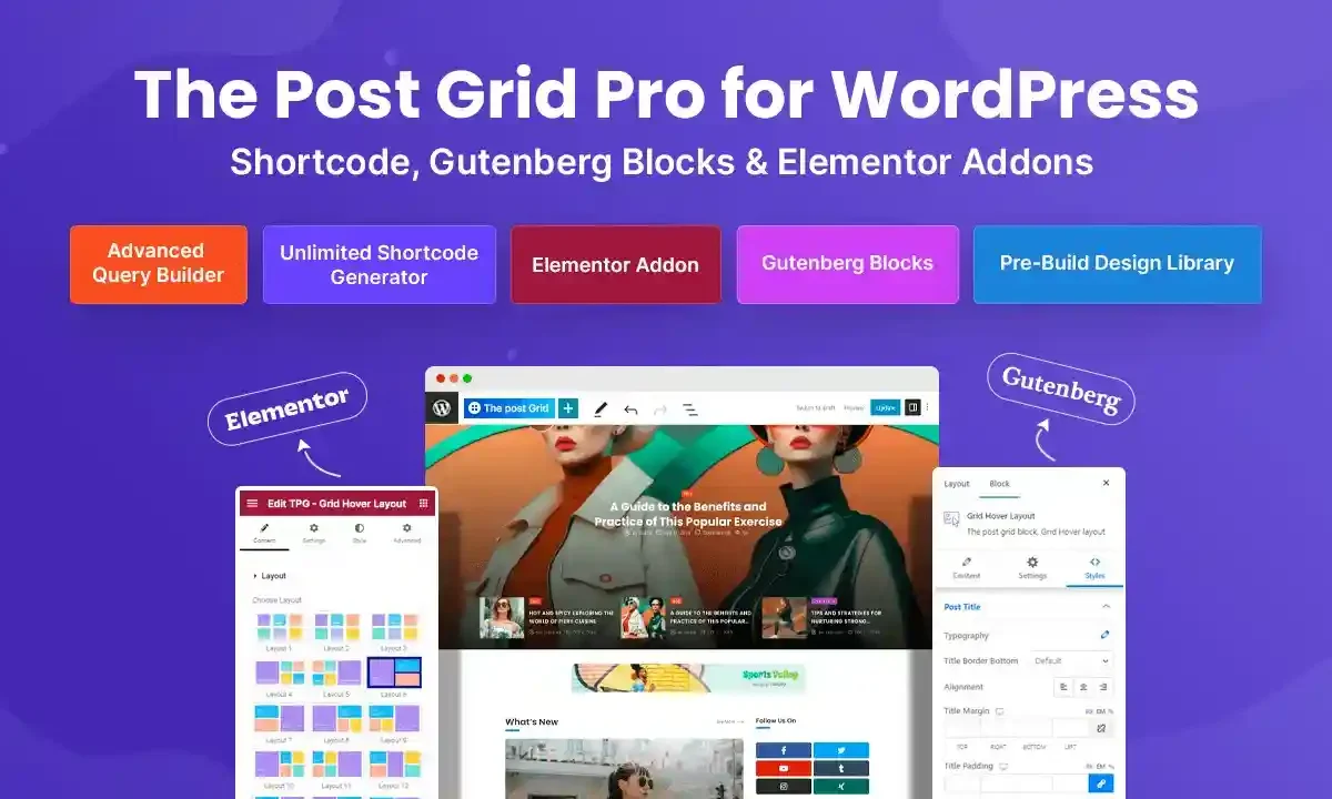 Post Grid Pro WordPress plugin interface showing filterable post grids and sliders