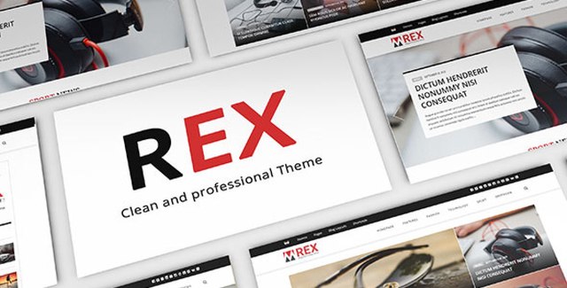 REX WordPress magazine theme homepage showing drag-and-drop builder, mega menu, and blog layout options