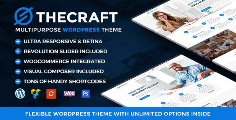 TheCraft multipurpose WordPress theme dashboard showing drag-and-drop page builder interface with custom elements