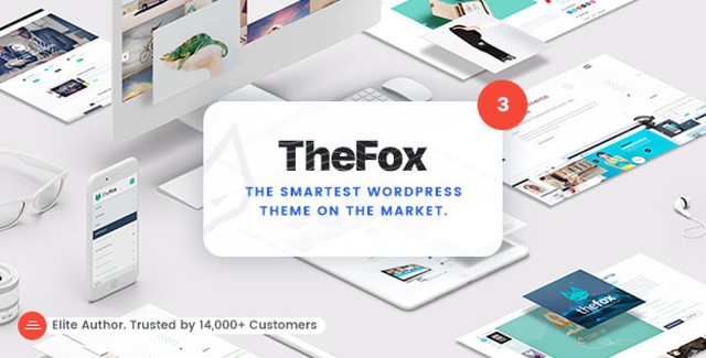 TheFox multi-purpose WordPress theme showing responsive layouts for blog, business, and portfolio websites