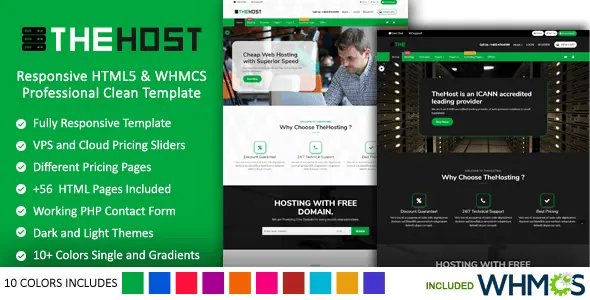 TheHost responsive WHMCS hosting template preview showing modern web hosting website design with Bootstrap framework