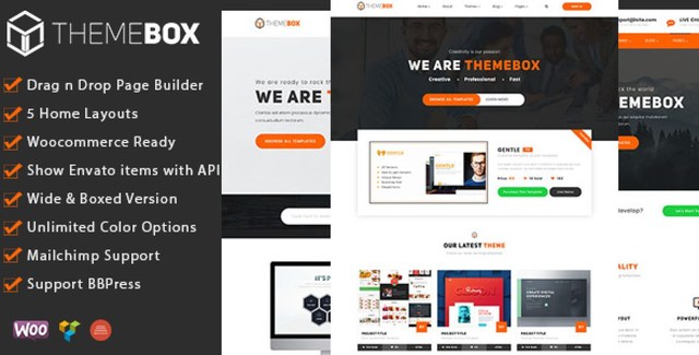 Themebox WordPress theme homepage showing digital product storefront with advanced filtering sidebar and featured product grid
