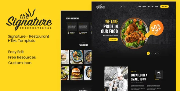 Thesignature restaurant HTML template preview showing a clean responsive food website design