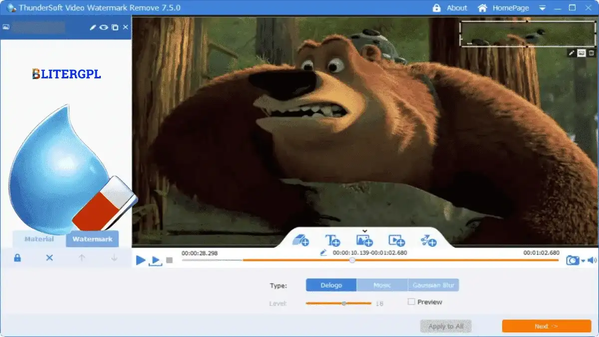 ThunderSoft Video Watermark Remover interface showing watermark removal options on Windows