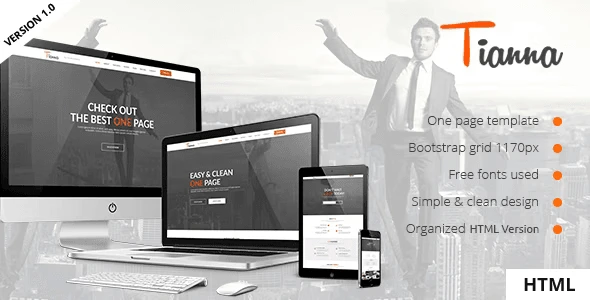Tianna one page HTML5 template preview showing modern business website layout with Bootstrap design