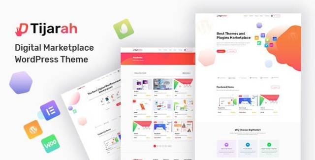 Tijarah digital marketplace WordPress theme showcasing multiple homepage layouts for online stores