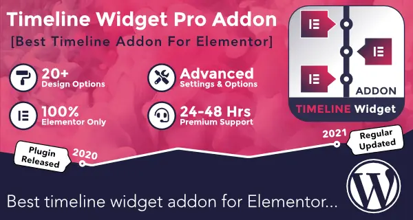 Cool Timeline Pro widget for Elementor showing vertical, horizontal, and one-sided timeline layout options
