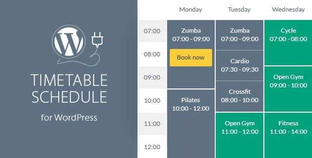 Timetable Responsive Schedule plugin interface showing a color-coded event schedule with online booking options