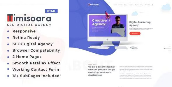 Timisoara SEO digital agency HTML5 template homepage preview showing responsive Bootstrap layout with hero section, services grid, and pricing tables