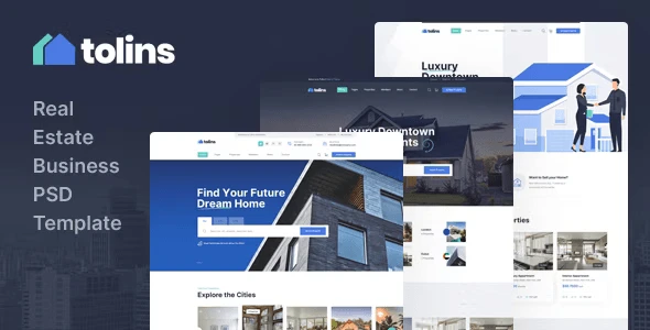Tolips real estate HTML template homepage showing property listings grid, agent profiles, and search filter built with Elementor PRO