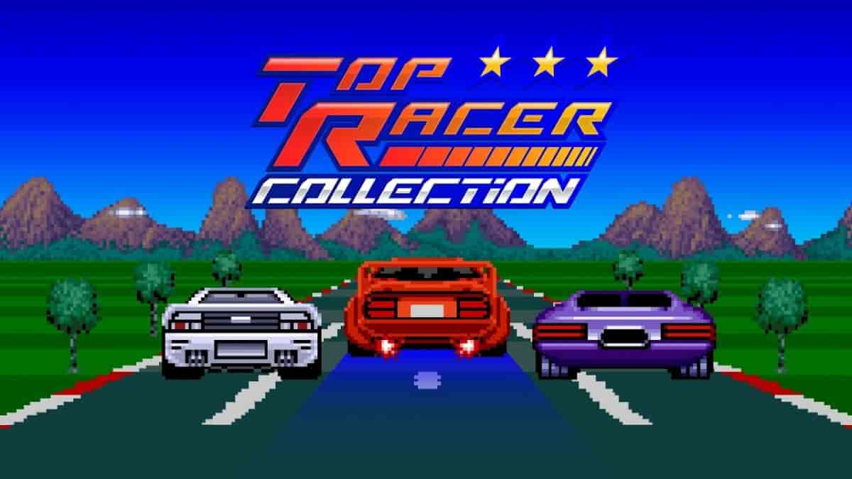 Top Racer Collection retro racing game cover featuring 16-bit arcade racing cars and tracks