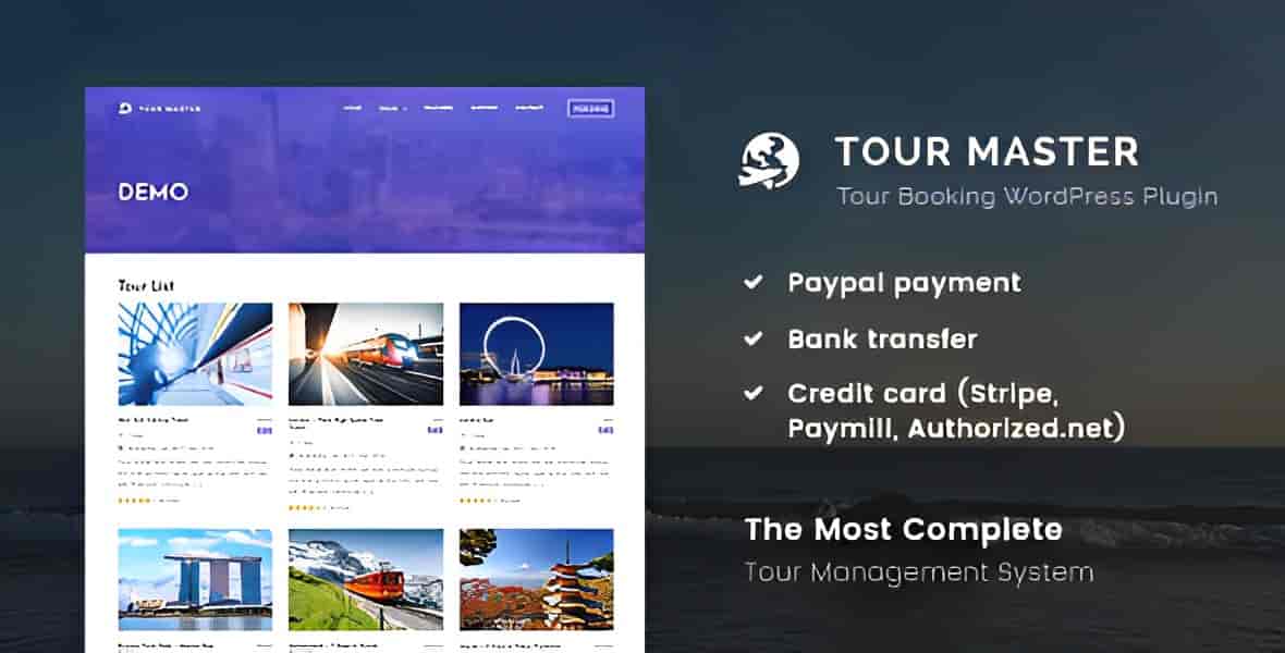 Tour Master WordPress plugin dashboard showing tour packages, hotel room inventory, and booking management interface