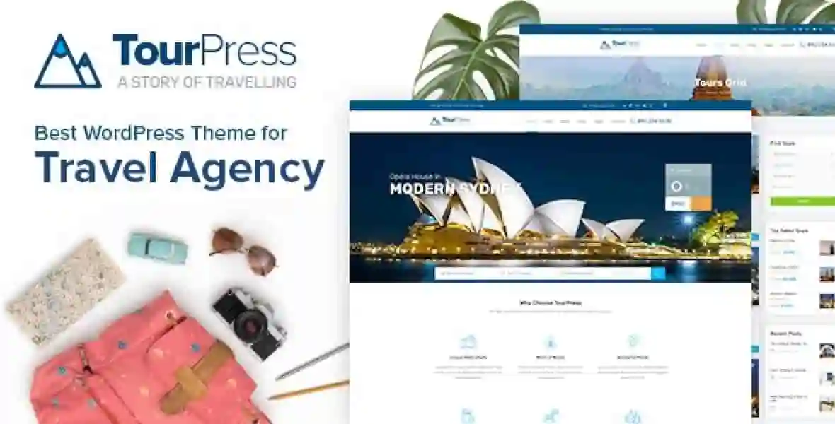 TourPress WordPress theme homepage showing tour slider, search filters, and featured travel packages