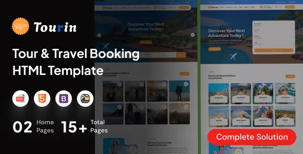 Tourin travel agency HTML template homepage showing hero booking form and destination gallery
