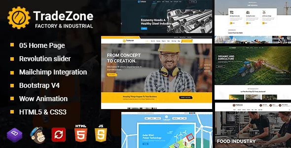 TradeZone industrial website template homepage preview showing factory and energy sector designs