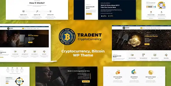 Tradent cryptocurrency WordPress theme homepage with Bitcoin price charts and crypto widgets