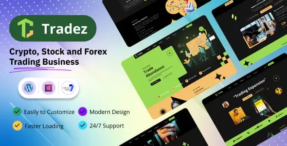 Tradez forex broker WordPress theme dashboard showing trading platform website layout with Elementor customization options