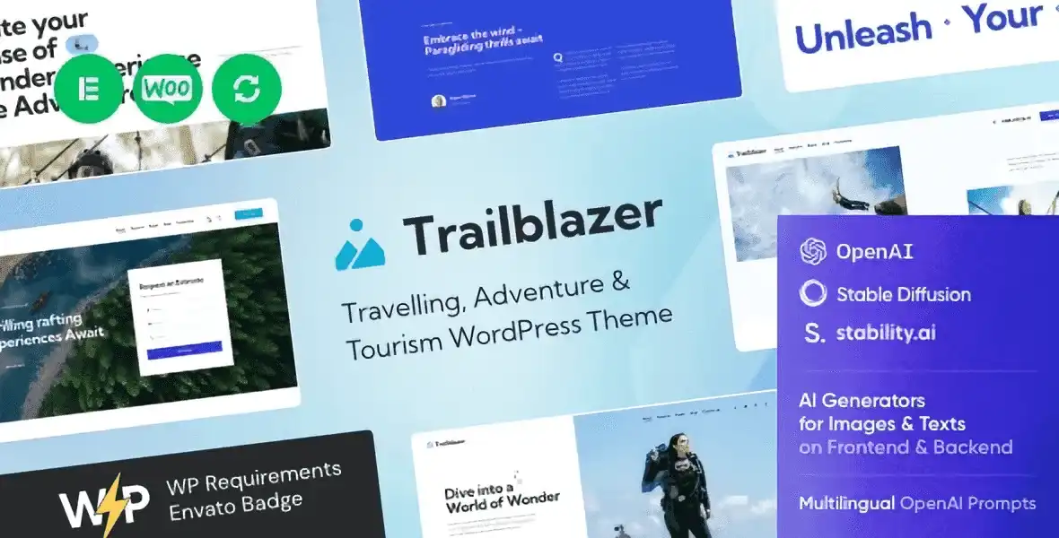 Trailblazer adventure travel WordPress theme preview showing outdoor tourism website layout