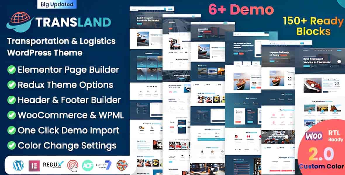 Transland transportation logistics WordPress theme homepage preview showing freight services layout