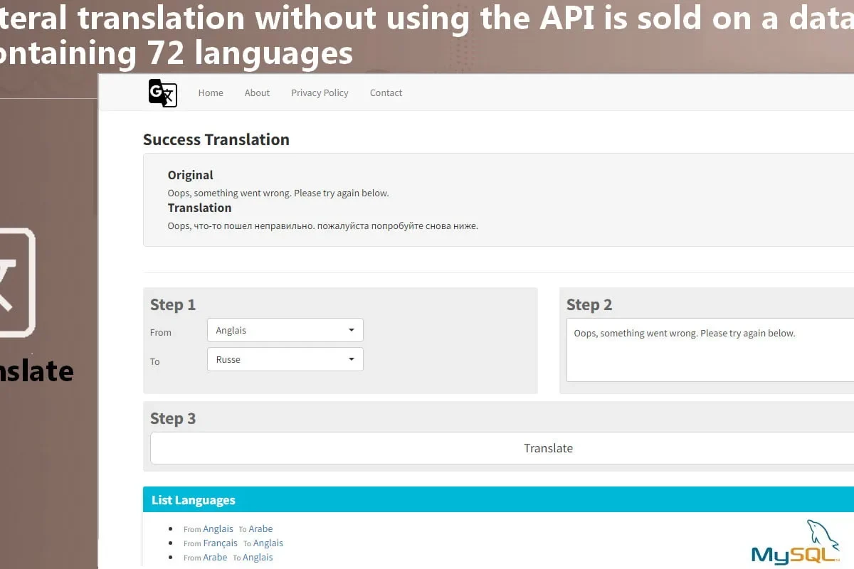 PHP translation script dashboard supporting 72 languages with internal database