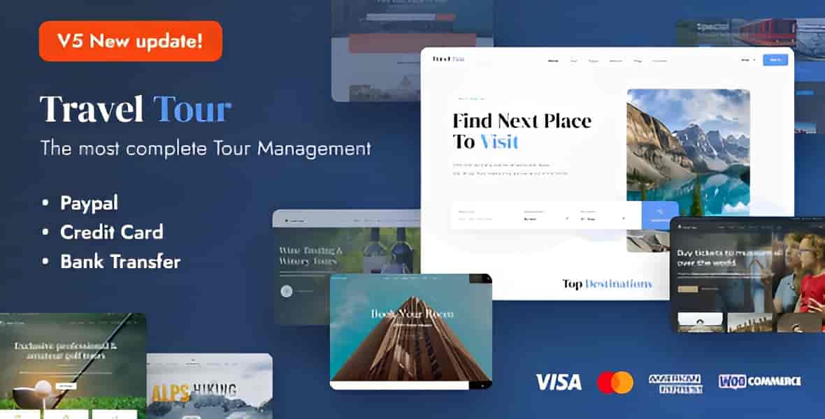 Travel Tour WordPress theme screenshot showing tour booking dashboard and responsive tour package layout