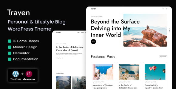 Traven WordPress theme screenshot showing lifestyle blog homepage with Elementor editor interface