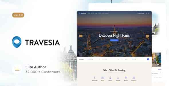 Travesia travel agency WordPress theme showcasing modern destination layout with vibrant colors