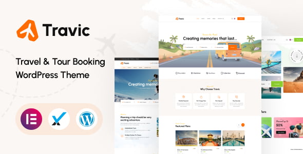 Travic travel agency WordPress theme preview showing responsive Elementor-powered website layout