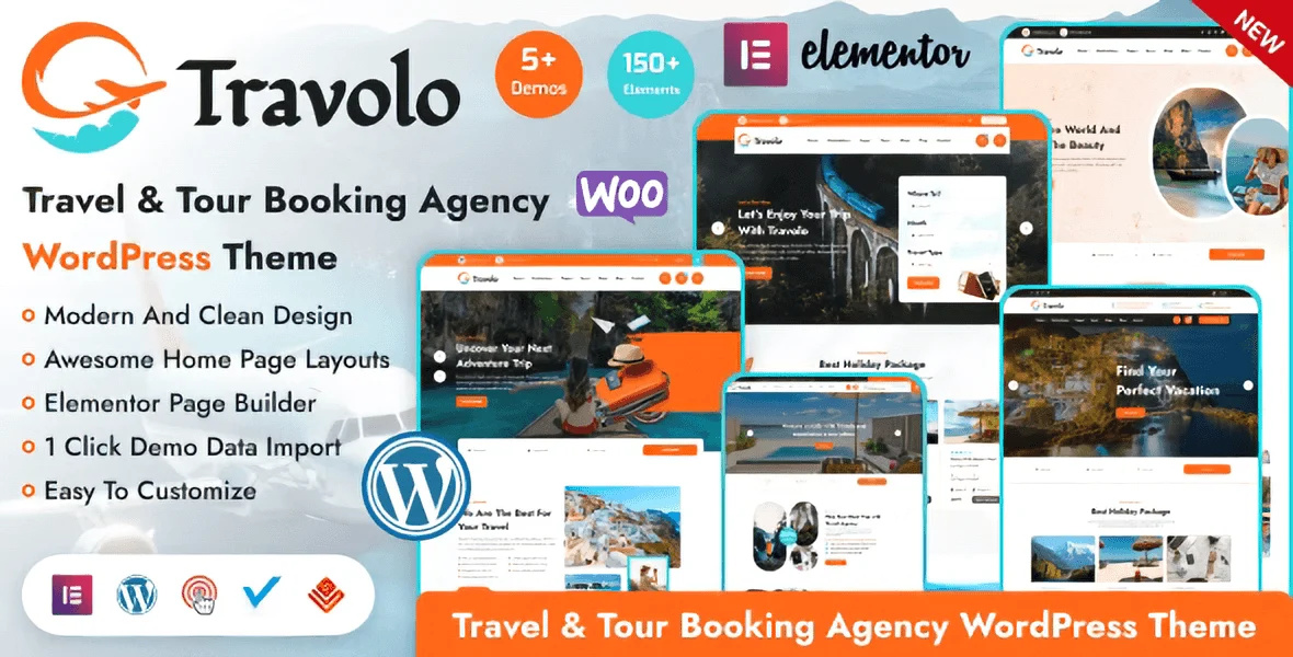 Travolo travel agency WordPress theme interface showing Elementor builder for responsive tour booking websites