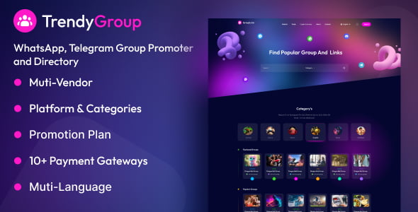 TrendyGroup WhatsApp Telegram group directory and promoter script interface