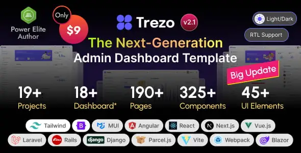 Trezo multi-framework admin dashboard template preview showing various UI layouts