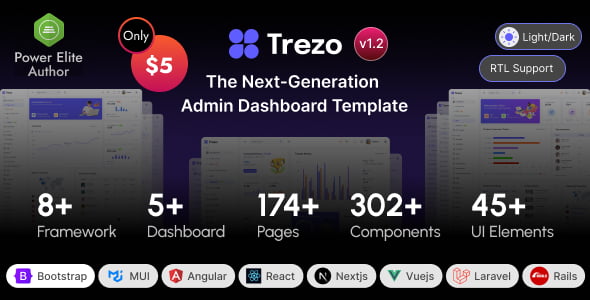 Trezo Rails admin dashboard template interface showing responsive admin panel with sidebar navigation, data tables, and chart widgets