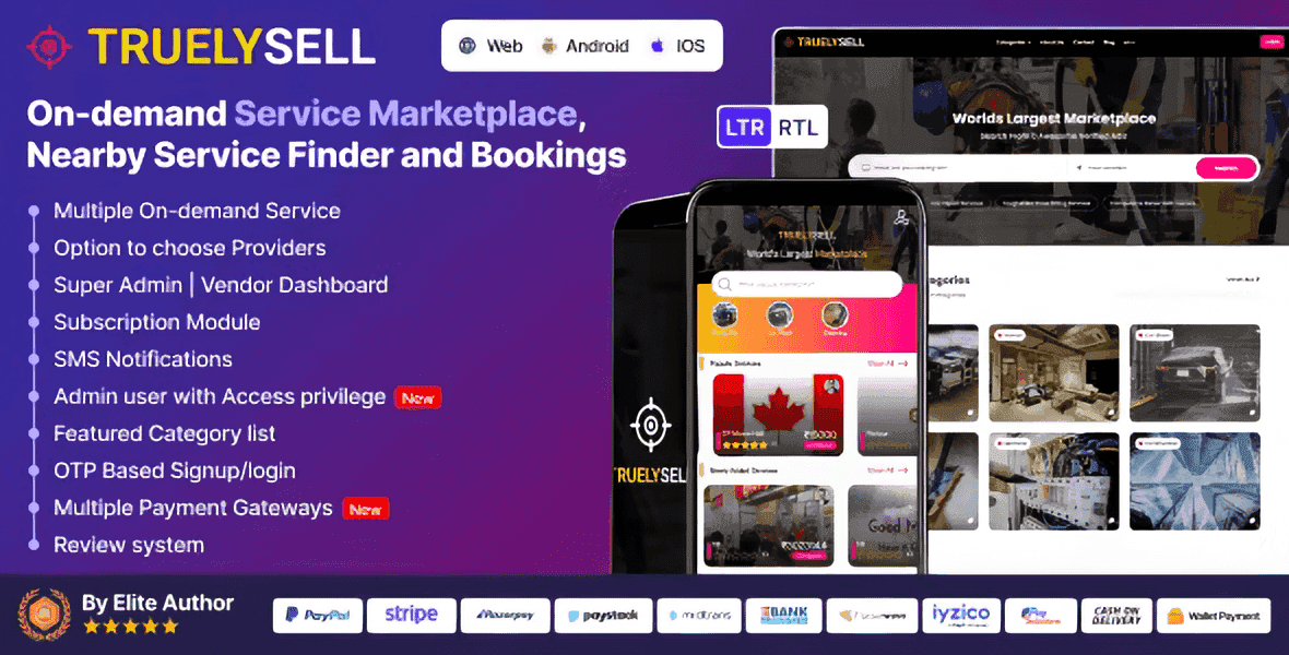 TruelySell on-demand service marketplace PHP script dashboard showing provider listings and booking management