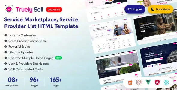 Truelysell service marketplace template dashboard preview showing admin panel, provider dashboard, and mobile responsive views