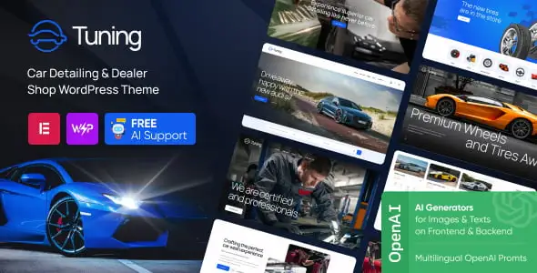 Tuning automotive WordPress theme preview showcasing car detailing and auto repair website design