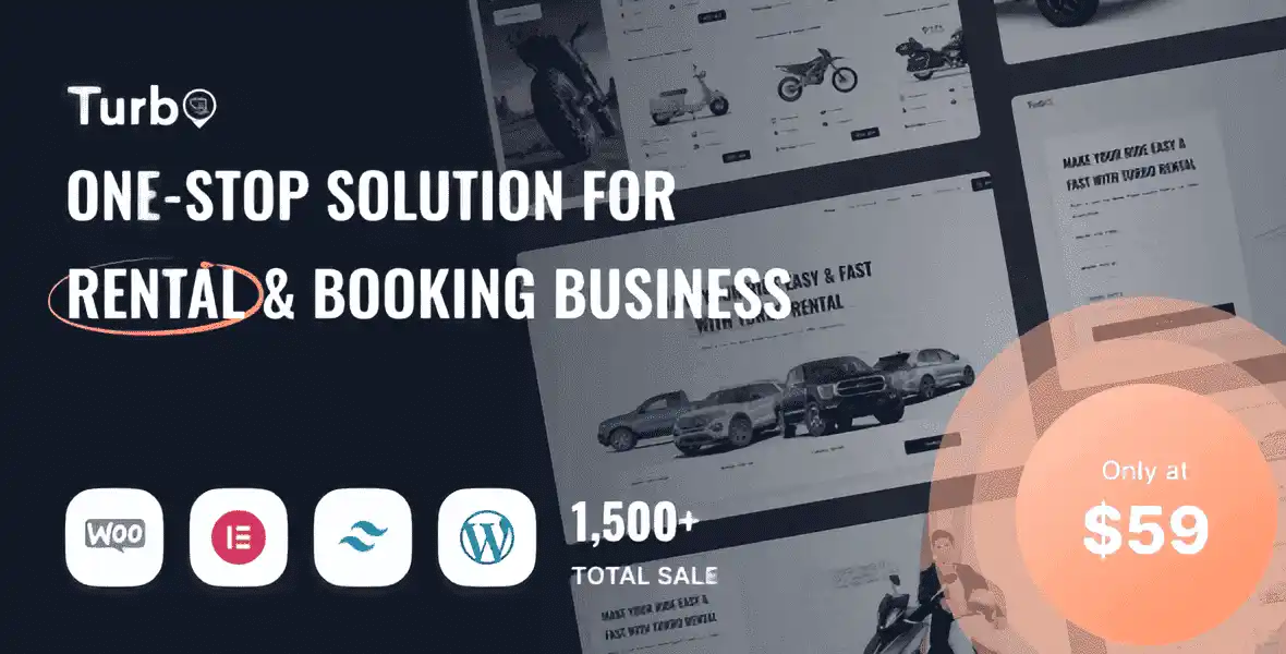 Turbo car rental WordPress theme showing vehicle booking interface with date selection and WooCommerce integration