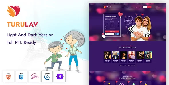 TuruLav dating site HTML template preview showing modern responsive layout with profile and search features