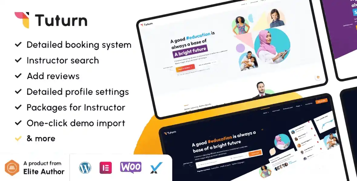 Tuturn online tutors marketplace WordPress theme preview with Elementor PRO