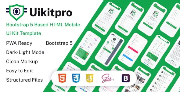 UikitPro mobile banking HTML template showing fintech UI components and e-wallet screens