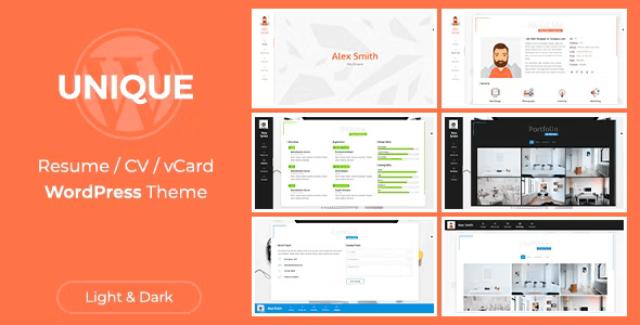 WordPress resume theme preview with creative portfolio layout and visual page builder interface