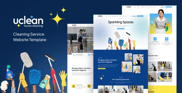 Uclean cleaning service HTML template preview showing responsive Bootstrap 5 design with hero slider and service sections