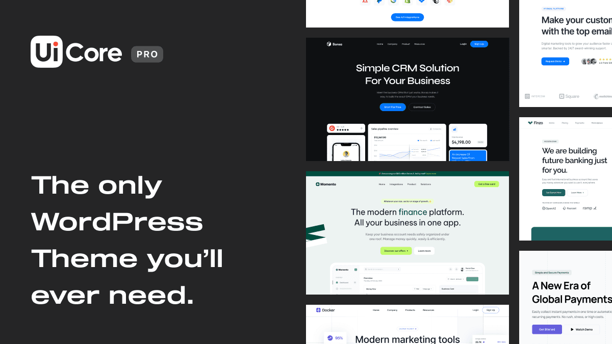 UiCore PRO WordPress agency theme showcasing pre-built website designs and theme builder interface