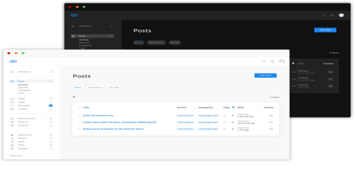 UiPress WordPress admin theme showing modern dashboard with Google Analytics widgets, dark mode toggle, and organized media library folders