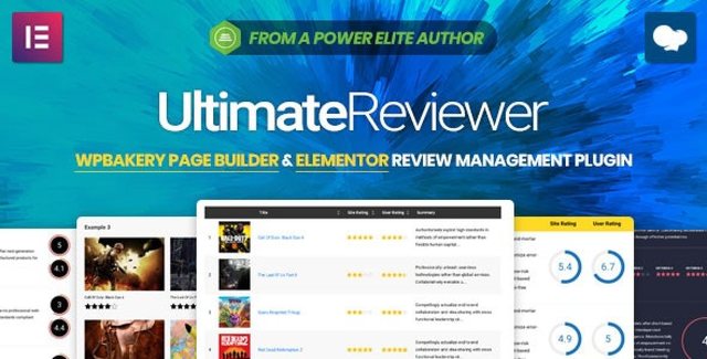 Ultimate Reviewer WordPress plugin interface showing drag-and-drop review template builder with star rating elements