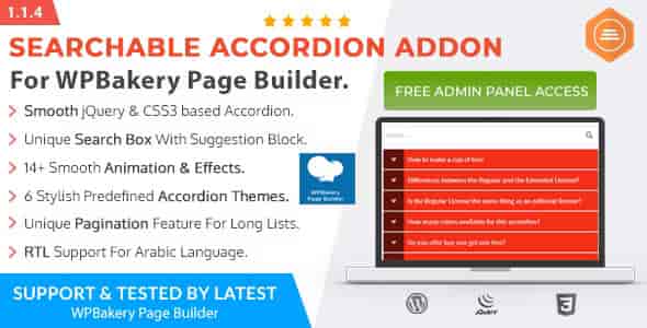 Searchable accordion WPBakery addon interface showing responsive FAQ accordion with search bar and animated themes