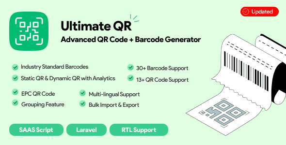UltimateQR QR code and barcode generator SaaS script interface