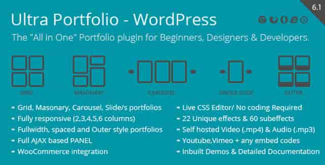 Ultra Portfolio WordPress plugin admin interface showing portfolio layout options